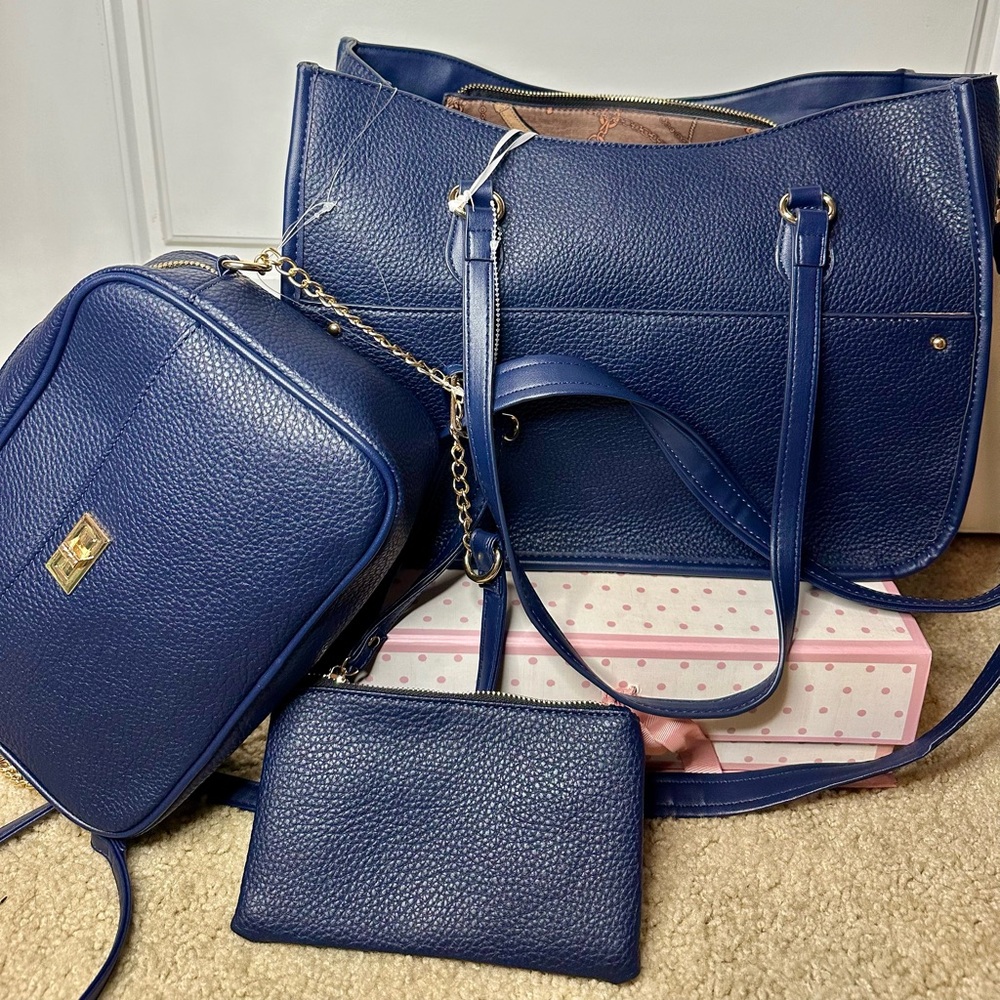 3 PC Navy Blue Vegan Leather Tote/Handbag Set
